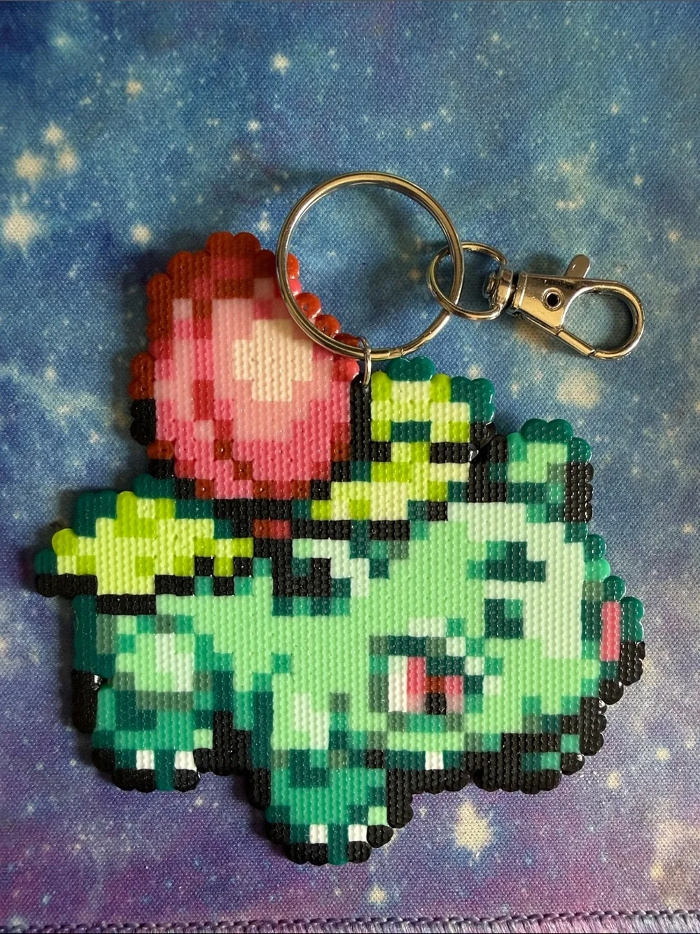 Pixel-Style Ivysaur Keychain Charm in Green and Pink